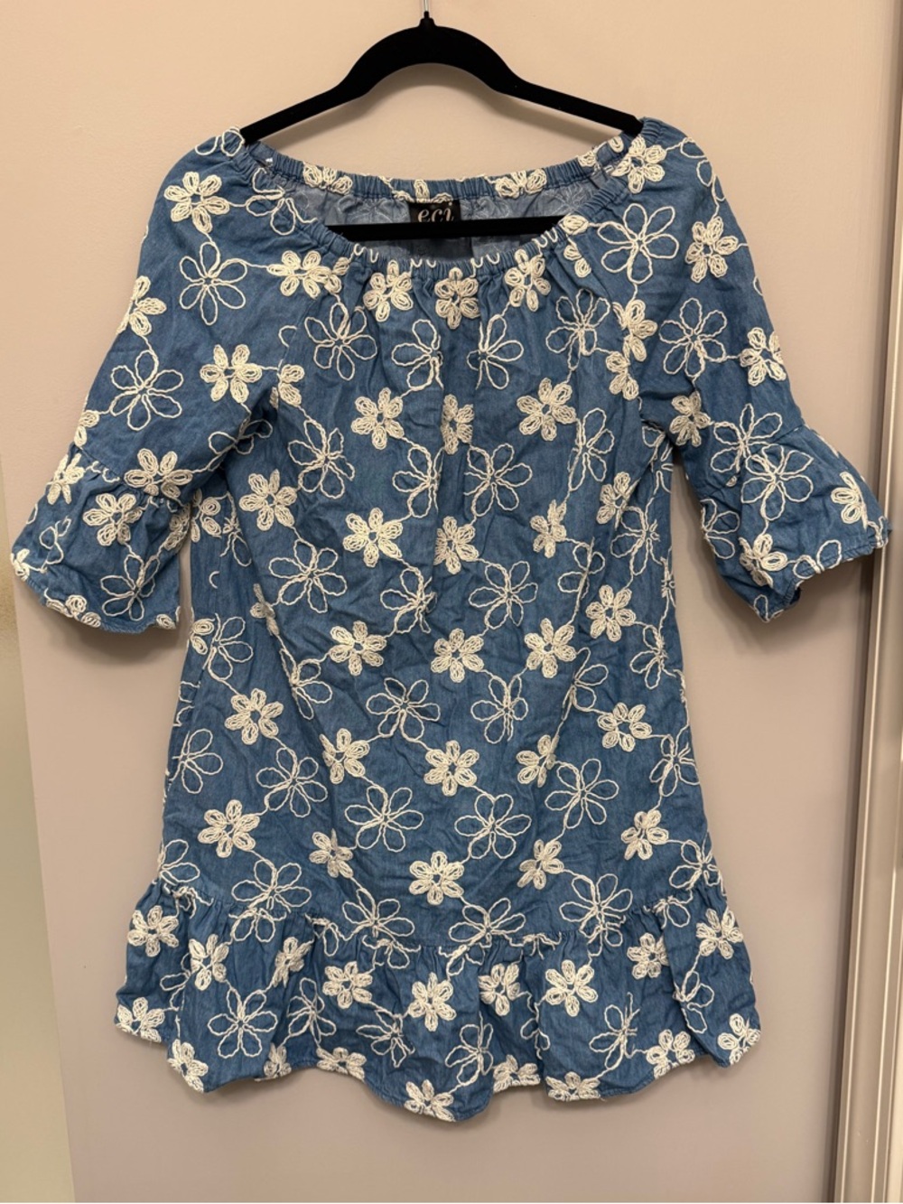 Women’s Blue Floral Embroidered Off-Shoulder Dress